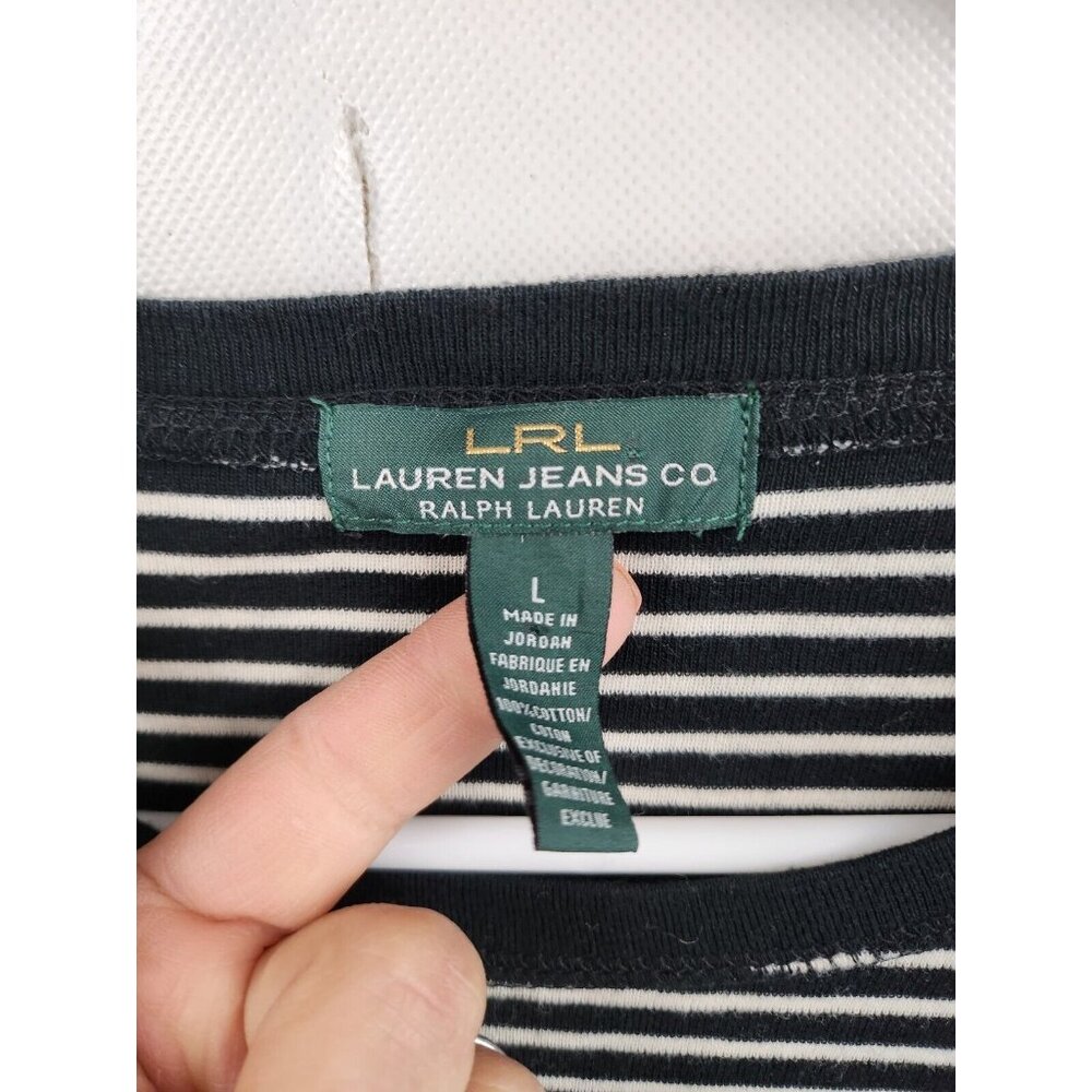 Lauren Ralph Lauren Womens Top Large Black White Striped Elbow Patch Long Sleeve - Picture 4 of 7